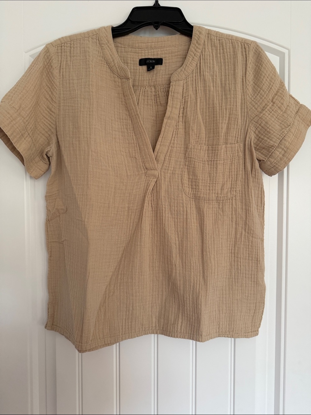J. Crew Tan Short Sleeve Gauze V-Neck Top